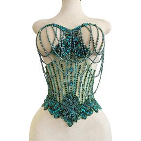 Pure Handmade Rhinestone Fringe Patch Trim Crystal Beaded Applique for Sewing Crafts Wedding Party Decoration Bridal Dress Accessories 15.7X18inches (Deepgreen)