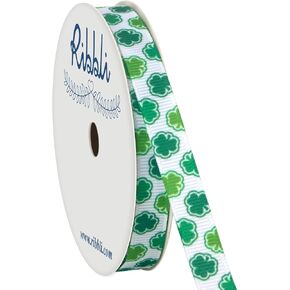Ribbli Grosgrain Shamrock Craft Ribbon,3/8-Inch,10-Yard Spool, White/Green, Use for St. Patrick's Day,Gift Wrapping,Party Decoration