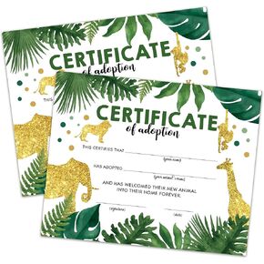 شهادة تبني Safari - اعتماد شهادة حيوانية للصبي - زينة حزب التبني للحيوانات - Gold Wild Party Party Party Party Forms Favors ، 10 شهادات التبني (CC08)
