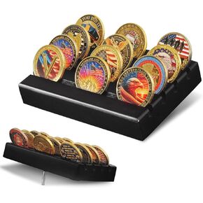 Challenge Coin Display, Military Coin Holder Display with Solid Wood, 4 Rows Army Coin Display Case Rack Holds 12 Coins, Wooden Small Slotted Display Stands (Black Finish)