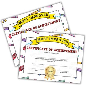 Most Improved Certificate Award | 50 pk 8.5x11" Student Achievement Award Superlatives Paper Elementary Middle School Class Superlatives Paper