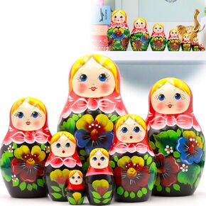 AEVVV Russian Dolls Set من 7 PCS - Dolls Matryoshka في وشاح الرأس الأحمر ولباس Sarafan مع زهور بانسي - دمى روسية مصنوعة يدويًا