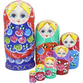 Winterworm Set of 7 Pieces Wooden Handmade Traditional Blue Red Colorful Flower Russian Nesting Stacking Dolls Matryoshka Kids Children Gifts Toy for Home Desk Room Party Decoration