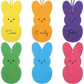 24 Pcs Easter Basket Name Tags Easter Wooden Bunny Hanging Sign Easter Gift Tags Peeps Bunny Wood Cutouts Colorful Blank Rabbit Shape Slices with Rope for Easter Spring Party DIY Art Craft Home Decor