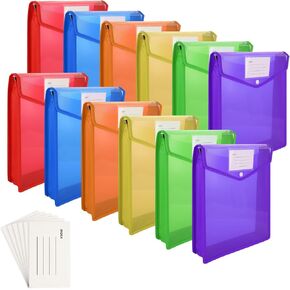 12 Pack Plastic File Folder Poly Envelopes A4 Size Envelope Expanding File with Snap Closure & Label Pocket Waterproof Transparent File Pouch for Documents Office Home - 5 Colors