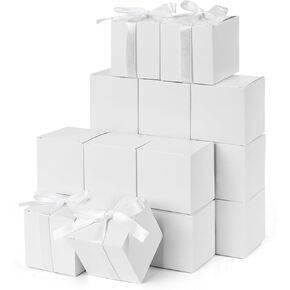 VGOODALL 50PCS Mini Gift Boxes, 2 x 2 x 2 Inch White Candy Treat Boxes Favor Boxes with Ribbon Greeting Card for Birthday Party Wedding