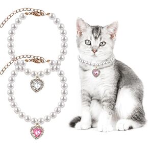 2 PCS Cat Dog Pearl Collar with Rhinestone Heart Pet Jewelry Small Heart Shape Rhinestone Pet Necklace, Adjustable Birthday Wedding Collar for Puppy Small Cats- White & Pink