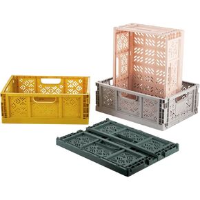 Pack of 4 pcs Plastic fold Crates for Storage, Storage Crates Plastic Stackable,Foldable Crate for Office Home Kitchen Bedroom Bathroom (Yellow*1 Green*1 Gray*1 Pink*1, 15.75*11.81*5.91in/X large)