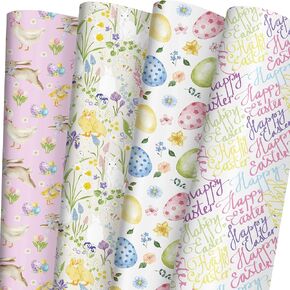 SaringSwoon Easter Wrapping Paper for Kids Adults- Spring Gift Wrap With Cute Ducks, Bunnies, Eggs, Floral and Happy Easter on Pink Green Blue Design - 20x29 Inches, 8 Folded Sheets