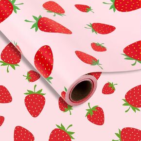 JarThenaAMCS Strawberry Wrapping Paper -Mini Roll- 17In x 32.8Ft Red Pink Strawberry Gift Wrap Paper Fruit Craft Paper for Birthday Baby Shower Party Packing Supplies