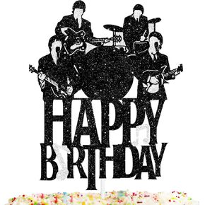 Happy Birthday Cake Topper Music rock pop Theme Black Glitter Decor Picks for Beatlemania Party Decorations Supplies
