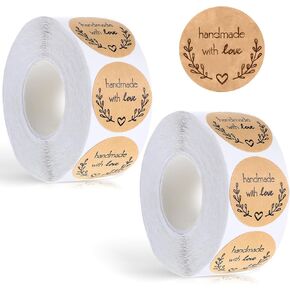 2 Rolls 1000 Pieces 1 Inch Handmade with Love Stickers, Baking Kraft Paper Stickers Heart Shape Lables for Baking Packaging, Thank You with Love Heart Sticker Baked Stickers Paper Lables Tags(Brown)