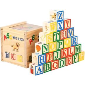 Ricky & Nicky Early Learning ABC/123/Shapes/Patterns 1-Inch Blocks Set With Storage Wooden Box (26 pcs) - Letters And Numbers/ABC Classic Wooden Blocks For Toddlers And Kids Ages 3+