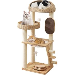50" Tall Modern Cat Tree Tower, Lndoor Large Multiple Play Around, Hand Woven Cats Basket nest Sisal Pillar Solid Rubber Wood for Summer Winter 4 Tier Space Capsule Toy Ladder Stable Easy to Clean