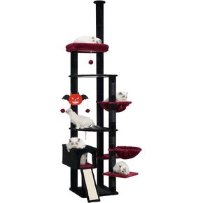 Heybly Cat Tree 92.5-104.3 بوصة مع أرجوحة ، من الأرض إلى السقف القوطية القوطية الشقة ، برج تسلق القطط الطويل قابل للتعديل مع وظائف الخدش للقطط الداخلية الأسود الأحمر HCT091BR