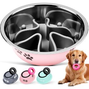2-in-1 Stainless Steel Slow Feeder Dog Bowl,Silicone Slow Feeder Insert for Dog Bowl with Anti-Slip Base,Natural Rubber Tire Chew Toy(Pink,Medium)
