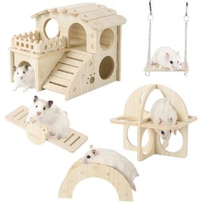 Wooden Hamster Toys 5-Piece Set-Natural Wood Hamster House, Swing, Climbing Ladder, Seesaw & Exercise Wheel Hamster Cage Accessories and Hideout for Dwarf Hamsters,Gerbils,Mice Small Animals Habitat