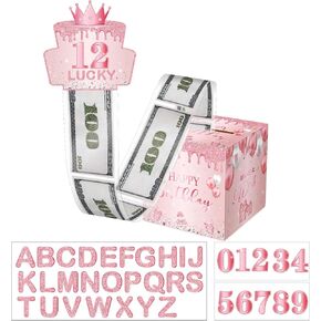 Pink Birthday Money Pull Box with A - Z Stickers and 0-9 Stickers Happy Birthday Surprise Money Boxes for Any Age Girl Women Party Favors