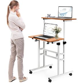 COSTWAY Mobile Standing Desk, Height Adjustable Rolling Laptop Cart w/Tilting Desktop for Standing or Sitting, Lockable Casters, Home Office Computer Workstation for Small Spaces (Walnut)
