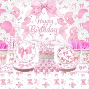 Pink Bow Birthday Decorations - Bow Party Tableware, Plates Cups Napkins Bow Party Tablecloth Happy Birthday Backdrop Balloons Cake Toppers for Coquette Birthday Decorations