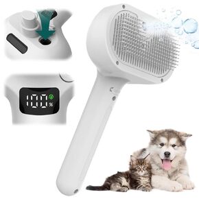 Steamy Cat Brush, 3-in-1 Pet Steam Brush Upgrade with 42ml Water Tank and Release Button, Dog and Cat Cleaning Gloves - Easily Removes Mats, Tangles, And Loose Fur (White)