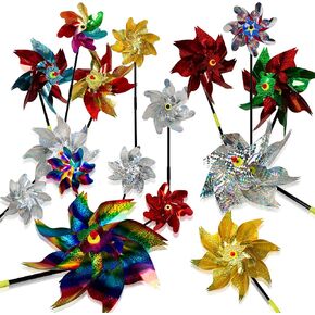 PROLOSO 16PCS Sparkly Reflective Holographic Mylar Pinwheels with Stakes Scare Birds Keep Animals Away Shiny Windmill Spinner Critters Deterrent for Garden and Pool