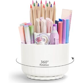 Desk Organizer,Minimalist Modern Design Pen Holder for Desk 360°Rotating Office Accessories,Pencil Cup with 5 Compartments Storage Box Caddy for Office,School,Home,Art Supply(White)