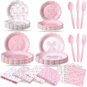 350Pcs Pink Bow Party Decorations Bow Plates and Napkins Birthday Party Supplies for Girl Bachelorette Bridal Wedding Engagement Baby Shower Coquette Tableware Serve 50 Guest (Scalloped Edge) in Kuwait