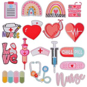 17pcs Nurse's Day Iron on Patches for Clothes, Cartoon Anime Pill Heart Rainbow Syringe Medical Nursing Embroidered Sew on Patch Appliques for T-shirts Jeans Jackets Backpacks Hats