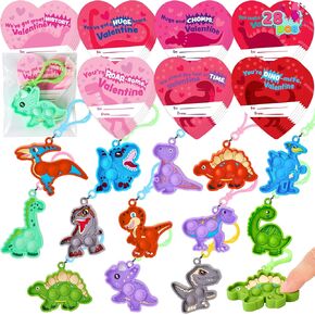 JOYIN 28 Packs Valentines Day Cards with Pop Fidget Keychain Toys, 14 Styles Dinosaur Stress Anxiety Relief Fidget Toys with Cards for Kids Valentine Classroom Exchange Prizes Party Favors