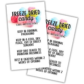 Freeze Dried Candy Care Instruction Cards | 50pk 2x3.5" Allergy Warning Labels Stickers Holographic Bags Clear Window Freezy DIY