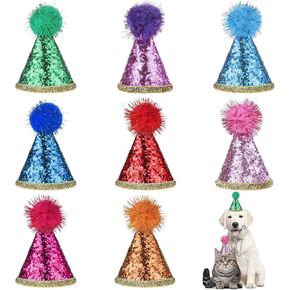 Mini Party Hats for Stuffed Animals, 8 Pieces Colorful Cat Birthday Hat Cute Dog Party Hats Glitter Cat Hats with Pom Poms Adjustable Dog Birthday Hats for Cats Dogs Pets Party Costume Accessories