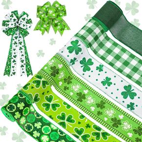 Whaline 6 Rolls St. Patrick's Day Shamrock Clover Print Green Glitter Wired Edge Ribbon for Gift Wrapping Bow Wreath Crafts Party Decor, 30 Yards, 2.5 Inch