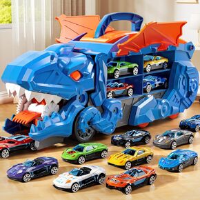 Toddler Truck Toys for Boys, Dinosaur Transporter Truck with 10 Die-Cast Car Toys, Transforms into Dino with Race Track, Toddler Car Toys Track Set for 3 4 5 6 7 8 Years Old Kids Boys Girls