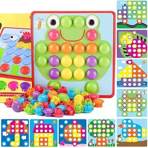 PLMMOUT 58 Pcs Button Art Toys for Toddlers,Color Matching Mosaic Pegboard for Toddlers,Early Learning Educational Toys Toddler Activities,Include 12 Pictures and 46 Buttons with Box