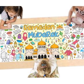 JarThenaAMCS Large Ramadan Coloring Poster Giant Coloring Eid Mubarak Mosque Moon DIY Drawing Tablecloth for Muslim Al Fitr Party Craft Supplies, 31.4 x 72 Inch