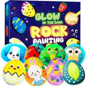 Hiawbon Easter Rock Painting Kit, Glow in The Dark Rock Kit, Easter Arts and Crafts kit for DIY, Rock Craft Kit with Paint Supplies, 12 Rocks Craft Kits Art Supplies for Outdoor Activities