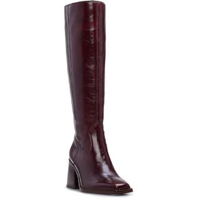 Burgundy Knee High Boots for Women Square Toe Chunky Block Heeled Wide Calf Boots Fall Tall Long Boots with Zipper