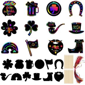 Pack of 48 St. Patrick's Day Scratch Art Paper Crafts, St. Patrick's Rainbow Paper Crafts Kit for Kids, Colorful DIY St. Patrick's Day Hanging Ornaments for Home Classroom Decor, Crafts for Kids
