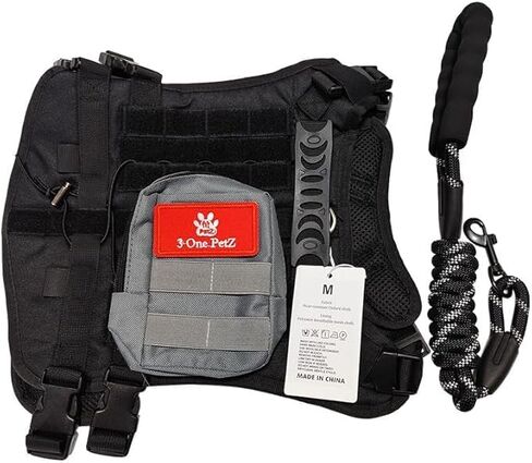 Tactical Dog Harness + Leash, No Pull, Heavy Duty, Adjustable (Black Backbone, Grey Bag, L) in Saudi Arabia