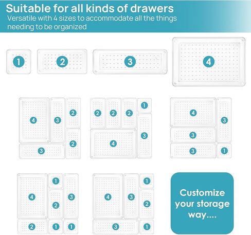 Vtopmart 25 PCS Clear Plastic Drawer Organizers Set, 4-Size Versatile Bathroom and Vanity Drawer Organizer Trays, Storage Bins for Makeup, Bedroom, Kitchen Gadgets Utensils and Office in Kuwait