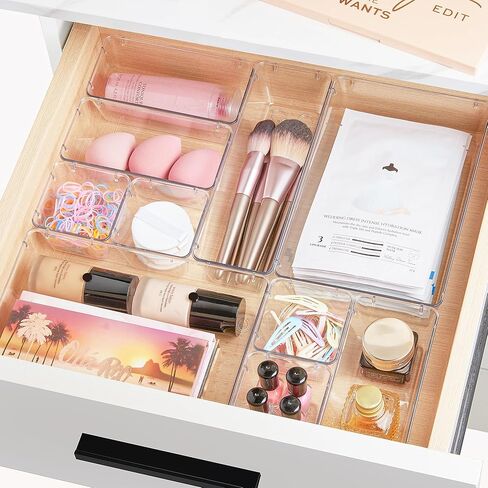 Vtopmart 25 PCS Clear Plastic Drawer Organizers Set, 4-Size Versatile Bathroom and Vanity Drawer Organizer Trays, Storage Bins for Makeup, Bedroom, Kitchen Gadgets Utensils and Office in Kuwait