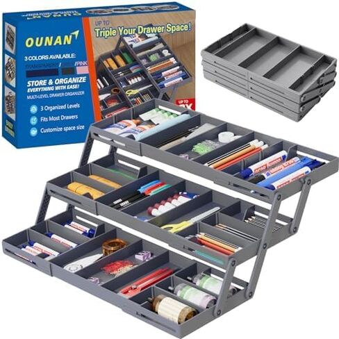 Multi Level Smart Drawer Organizer – 3 Tier Expandable Drawer Organizer – Jewelry, Junk, Makeup, Silverware Storage Organizer – Perfect for Kitchen, Desk, Medicine Cabinet & More（SMALL，Grey） in Kuwait