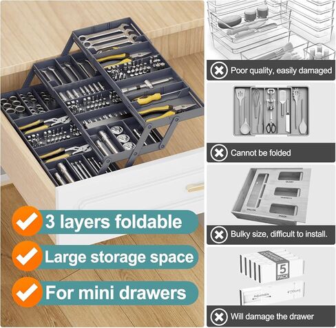 Multi Level Smart Drawer Organizer – 3 Tier Expandable Drawer Organizer – Jewelry, Junk, Makeup, Silverware Storage Organizer – Perfect for Kitchen, Desk, Medicine Cabinet & More（SMALL，Grey） in Kuwait