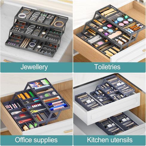 Multi Level Smart Drawer Organizer – 3 Tier Expandable Drawer Organizer – Jewelry, Junk, Makeup, Silverware Storage Organizer – Perfect for Kitchen, Desk, Medicine Cabinet & More（SMALL，Grey） in Kuwait
