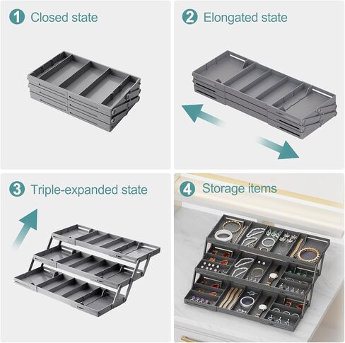 Multi Level Smart Drawer Organizer – 3 Tier Expandable Drawer Organizer – Jewelry, Junk, Makeup, Silverware Storage Organizer – Perfect for Kitchen, Desk, Medicine Cabinet & More（SMALL，Grey） in Kuwait