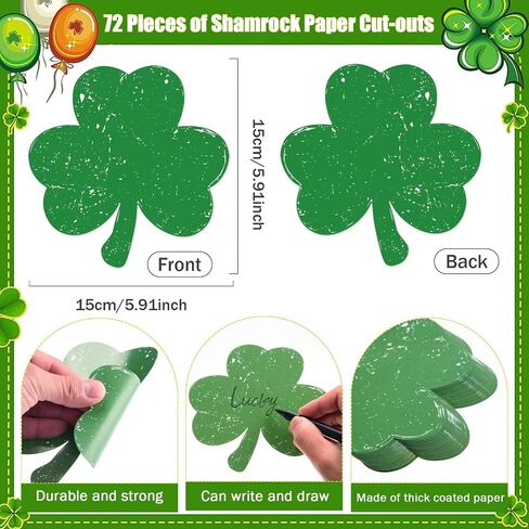 72 PCS St. Patrick's Day Shamrocks Crapouts Shamrocks Cutts 6 inch Clover Green Clover Cuts for Irish St. Patrick's Day Party ، مشاريع الحرف المدرسية للأطفال ، زخارف لوحة الإعلانات in Saudi Arabia