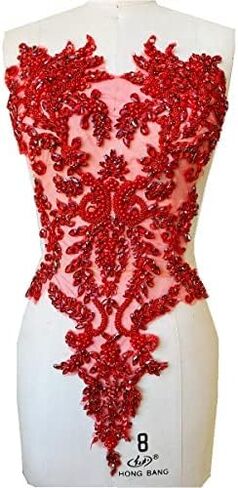 Handmade Rhinestones lace Appliques sew on Beads Trim Patches for Dress Clothing Accessories (Red) in Saudi Arabia