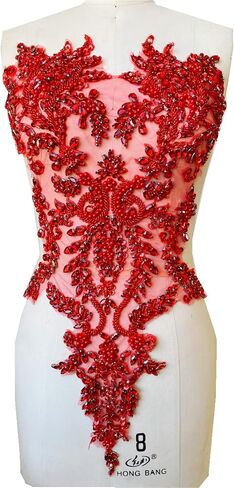 Handmade Rhinestones lace Appliques sew on Beads Trim Patches for Dress Clothing Accessories (Red) in Saudi Arabia