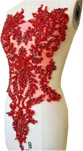 Handmade Rhinestones lace Appliques sew on Beads Trim Patches for Dress Clothing Accessories (Red) in Saudi Arabia